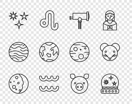 Set line Eclipse of the sun, Magic ball, Telescope, Aquarius zodiac, Fallin.. Stock Illustration
