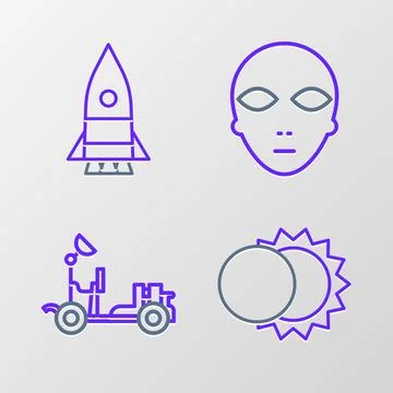 Set line Eclipse of the sun, Mars rover, Alien and Rocket ship icon. Vector Illustrazione stock