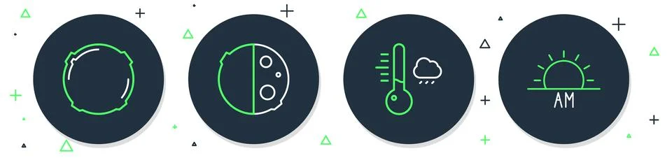 Set line Eclipse of the sun Meteorology thermometer Moon and Sunrise icon. Ve Ilustração Stock