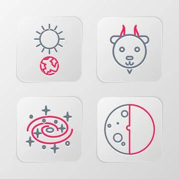 Set line Eclipse of the sun, Milky way spiral galaxy, Aries zodiac and Solstice Stock Illustration