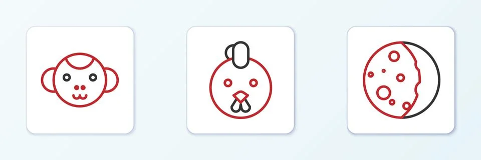 Set line Eclipse of the sun, Monkey zodiac and Rooster icon. Vector 스톡 일러스트