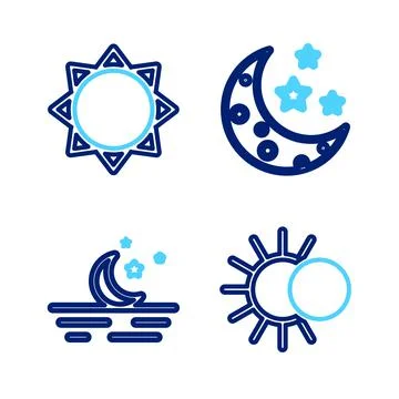 Set line Eclipse of the sun, Moon and stars, and Sun icon. Vector Ilustração Stock
