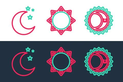 Set line Eclipse of the sun, Moon and stars and Sun icon. Vector Ilustração Stock