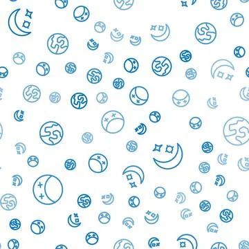 Set line Eclipse of the sun, Moon and stars and Earth globe on seamless pattern Ilustração Stock