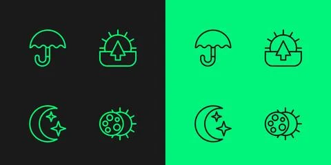 Set line Eclipse of the sun, Moon and stars, Umbrella and Sunrise icon. Vector Ilustração Stock