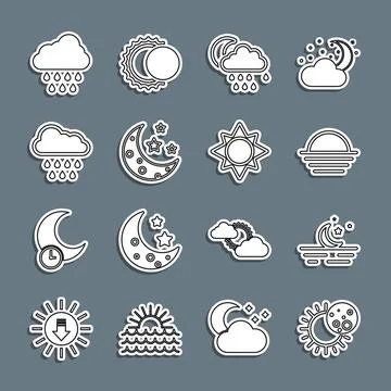 Set line Eclipse of the sun, Moon and stars, Sunset, Cloud with rain moon, .. Illustrazione stock