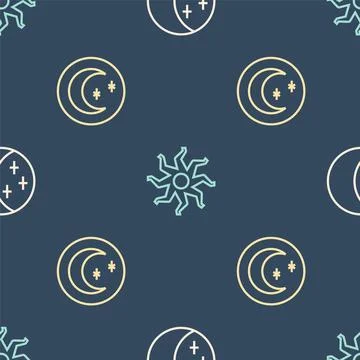 Set line Eclipse of the sun, Moon and stars and Sun on seamless pattern. Vect Ilustração Stock