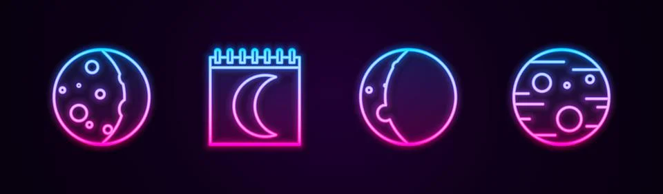 Set line Eclipse of the sun, Moon phases calendar,  and Planet Mars. Glowing  イラスト素材