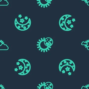 Set line Eclipse of the sun, Moon and stars and Sun cloud weather on seamless Ilustração Stock