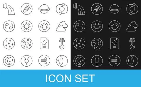 Set line Eclipse of the sun, Old magic key, Cloudy weather, Planet Saturn, Sun Ilustração Stock