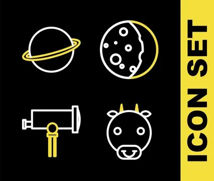 Set line Eclipse of the sun, Ox zodiac, Telescope and Planet Saturn icon. V.. Stock Illustration