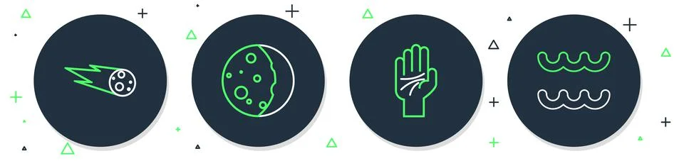 Set line Eclipse of the sun, Palmistry hand, Comet falling down fast and Stock Illustration