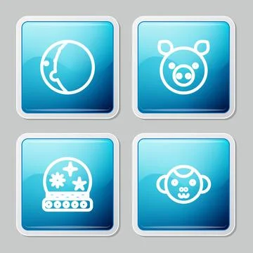 Set line Eclipse of the sun, Pig zodiac, Magic ball and Monkey icon. Vector Illustrazione stock