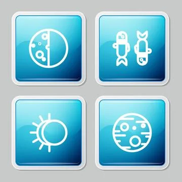 Set line Eclipse of the sun, Pisces zodiac, and Planet Mars icon. Vector Illustrazione stock