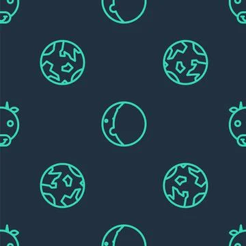 Set line Eclipse of the sun, Planet Earth and Ox zodiac on seamless pattern Illustrazione stock