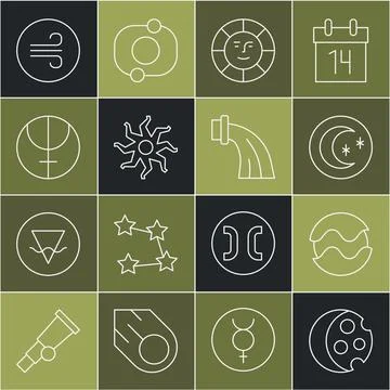 Set line Eclipse of the sun, Planet, Moon and stars, Sun, Neptune planet, Windy Ilustração Stock