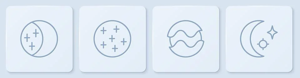 Set line Eclipse of the sun, Planet, Full moon and Moon and stars. White square Ilustração Stock