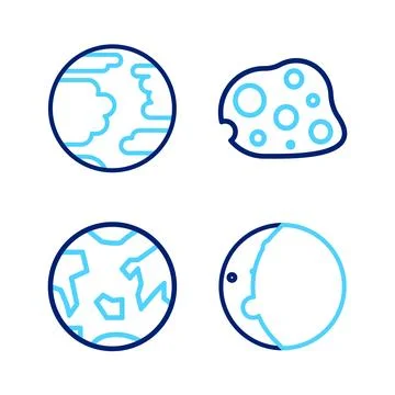 Set line Eclipse of the sun, Planet Earth, Asteroid and Mercury icon. Vector Illustrazione stock