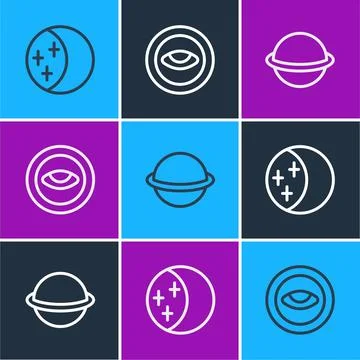 Set line Eclipse of the sun, Planet Saturn and Medallion with eye icon. Vector Stock Illustration