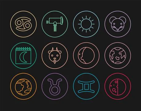 Set line Eclipse of the sun, Planet Earth, Sun, Aries zodiac, Moon phases c.. Ilustração Stock