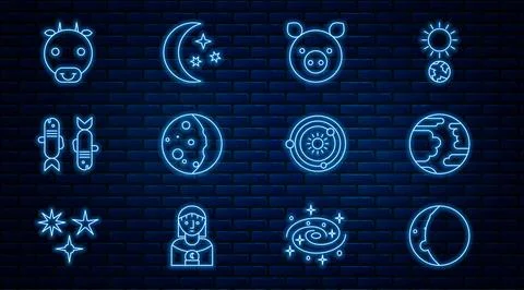 Set line Eclipse of the sun, Planet Mercury, Pig zodiac, Pisces, Ox, Solar .. Stock Illustration