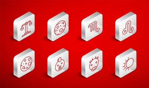 Set line Eclipse of the sun, Planet Mars, Scorpio zodiac, Leo, Ox, Libra, R.. Stock Illustration