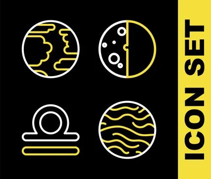 Set line Eclipse of the sun, Planet Venus, Libra zodiac and Mercury icon. V.. Illustrazione stock