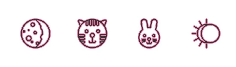 Set line Eclipse of the sun, Rabbit zodiac, Tiger and  icon. Vector 스톡 일러스트