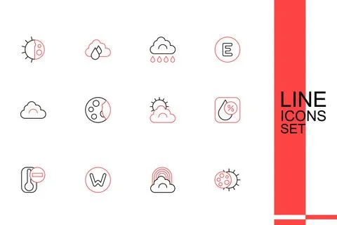 Set line Eclipse of the sun, Rainbow with cloud, Compass north, Thermometer.. Ilustração Stock