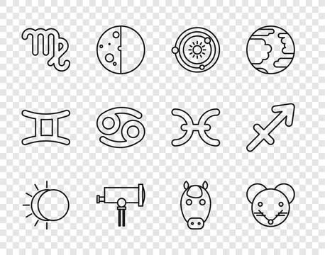 Set line Eclipse of the sun, Rat zodiac, Solar system, Telescope, Virgo, Cancer イラスト素材