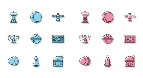 Set line Eclipse of the sun, Rocket ship, Satellite dish, Astronomical Illustrazione stock