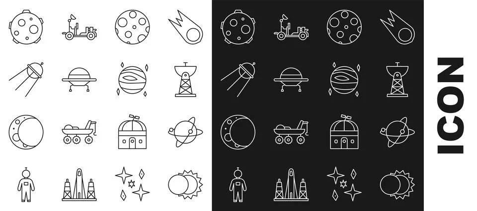 Set line Eclipse of the sun, Satellites orbiting planet Earth, dish, Moon, UF Ilustração Stock