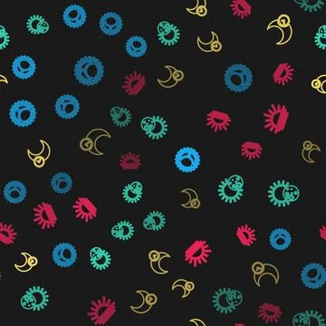 Set line Eclipse of the sun, , Sleeping moon and Sunset on seamless pattern.  Stock Illustration