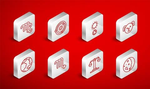 Set line Eclipse of the sun, Solar system, Solstice, Dog zodiac, Libra, Virgo Illustrazione stock