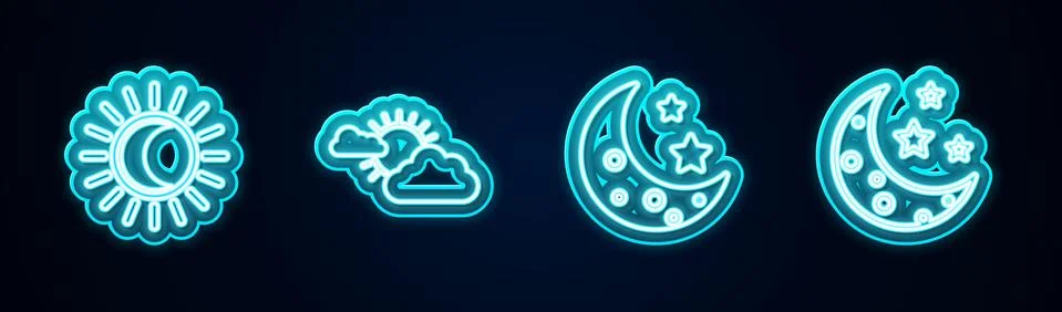 Set line Eclipse of the sun, Sun and cloud weather, Moon stars and . Glowing Ilustração Stock