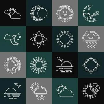 Set line Eclipse of the sun, Sun, Cloud with rain, moon and stars, cloud weather Ilustração Stock