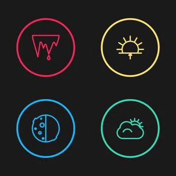 Set line Eclipse of the sun, Sun and cloud, Sunrise and Icicle icon. Vector Stock Illustration