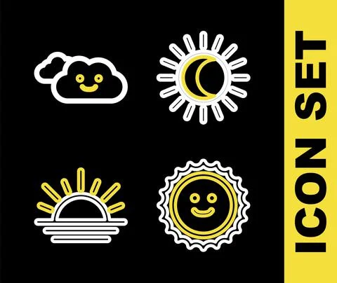 Set line Eclipse of the sun, Sun, Sunset and Cloud icon. Vector イラスト素材