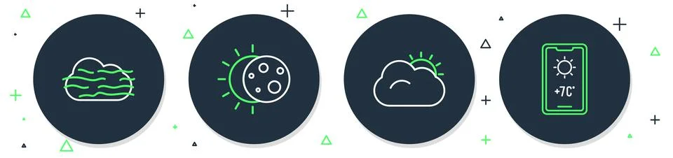 Set line Eclipse of the sun, Sun and cloud, Fog and Weather forecast icon. Ve Stock Illustration