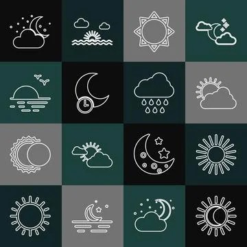Set line Eclipse of the sun, Sun, and cloud weather, Sleeping moon, Sunset, C 스톡 일러스트