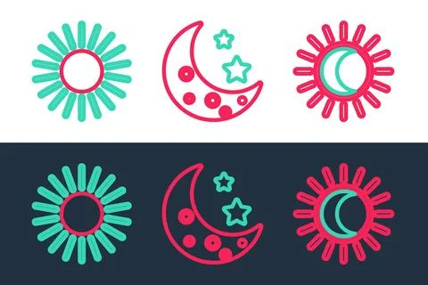 Set line Eclipse of the sun, Sun and Moon and stars icon. Vector 스톡 일러스트