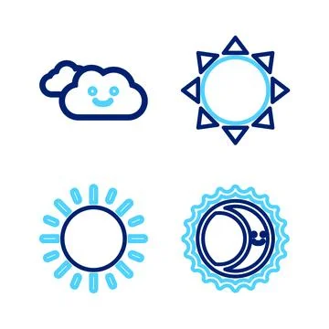 Set line Eclipse of the sun, Sun, and Cloud icon. Vector Stock Illustration