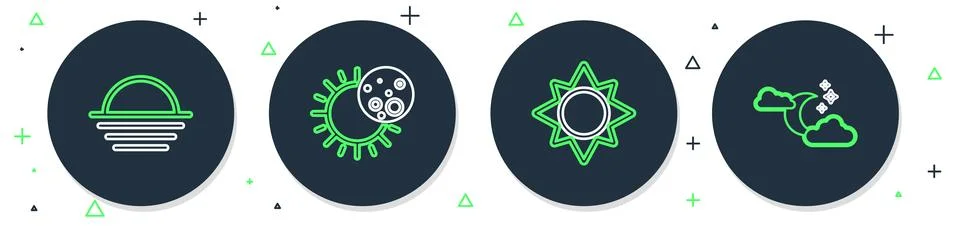 Set line Eclipse of the sun, Sun, Sunset and Cloud with moon and stars icon 스톡 일러스트