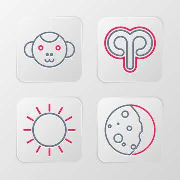 Set line Eclipse of the sun, Sun, Aries zodiac and Monkey icon. Vector Illustrazione stock