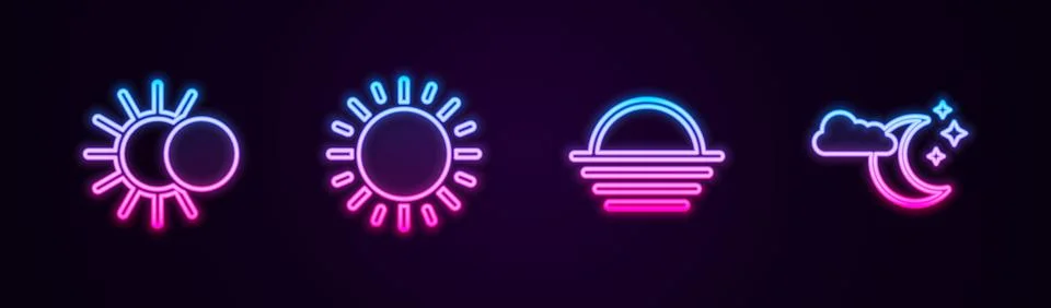 Set line Eclipse of the sun, Sun, Sunset and Cloud with moon and stars. Glowing Ilustração Stock