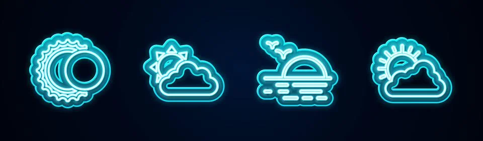 Set line Eclipse of the sun, Sun and cloud weather, Sunset and . Glowing neon イラスト素材