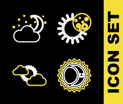 Set line Eclipse of the sun Sun and cloud weather and Cloud with moon stars i Ilustração Stock