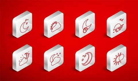 Set line Eclipse of the sun, Sun and cloud weather, Sleeping moon, Sunset, .. Ilustração Stock