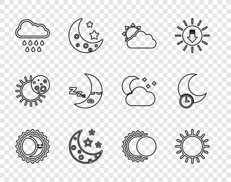 Set line Eclipse of the sun, Sun, and cloud weather, Moon stars, Cloud with.. Ilustração Stock