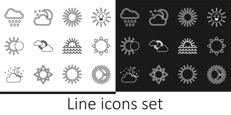 Set line Eclipse of the sun, Sun, and cloud weather, Cloud with rain, Sunse.. 스톡 일러스트